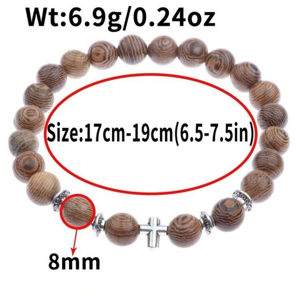 Cross Wood Beaded Bracelet, Men’s, Unisex - Picture 3 of 4